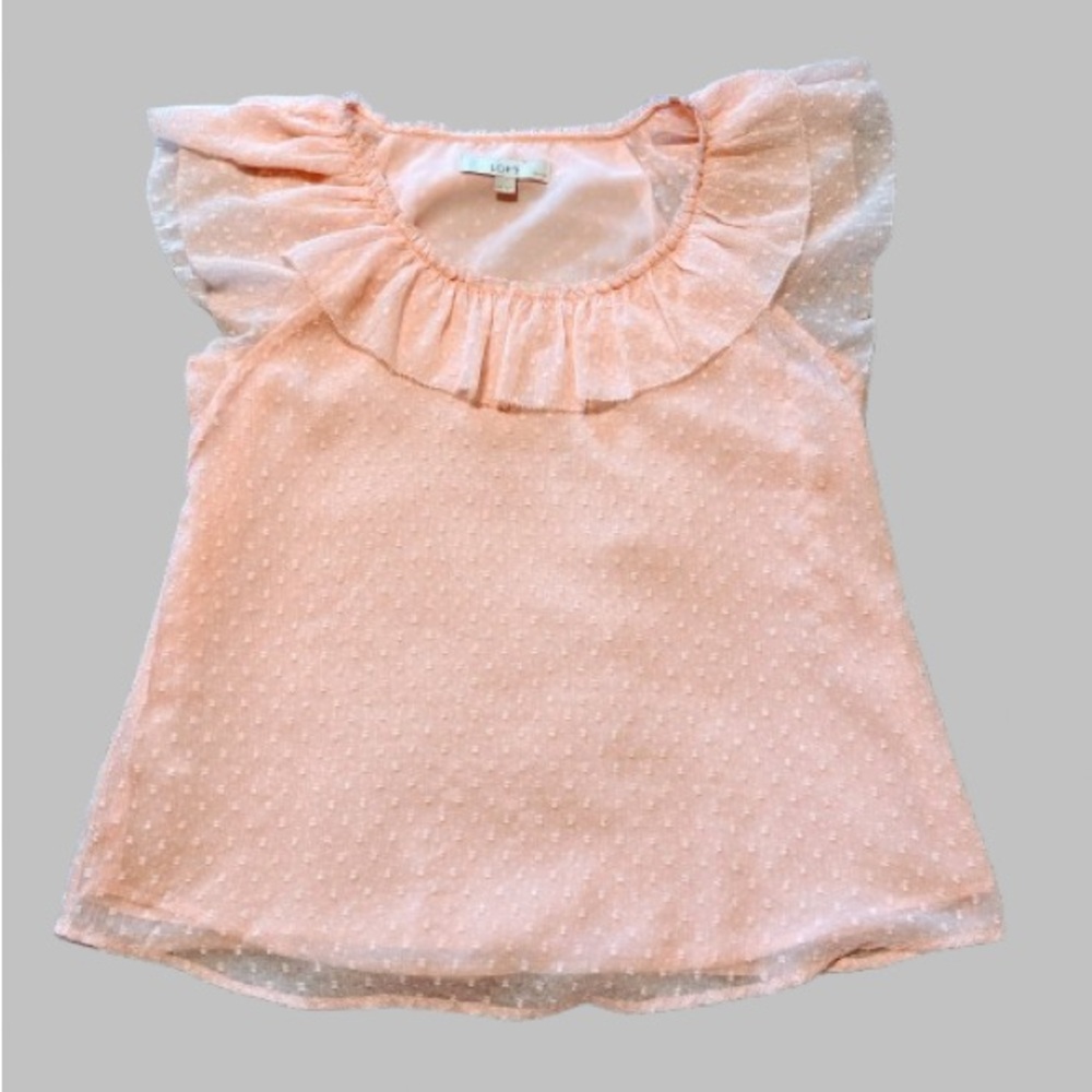 LOFT Petites Swiss Dot Ruffle Neck Blouse Pink Sheer Layered Top Women’s MP